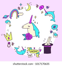 cute background with hand drawn unicorn and fantasy design elements