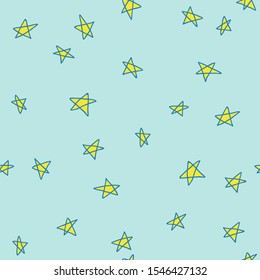 Cute background with hand drawn yellow stars on blue background. Seamless pattern. Cute design for print, textile or wrapping paper. Stock vector illustration.