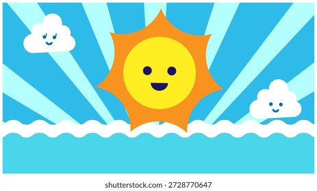 Uma ilustração de fundo bonito de um céu diurno e mar com um sol sorridente brilhando.