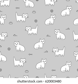 Cute background for kids fabric design made on cartoon style. Seamless vector pattern with funny cute doodle cats. Seamless vector background