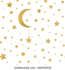 Cute background for kids fabric design made on cartoon style. Seamless vector pattern with golden stars, moon on white great for girl and boys.