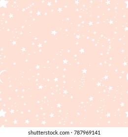 Cute background for kids fabric design made on cartoon style. Seamless pink vector pattern with white stars, moon great for girl and boys