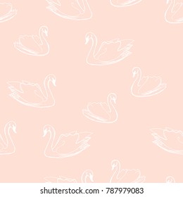 Cute background for kids fabric design made on cartoon style. Seamless pink vector pattern with white swans great for girl and boys