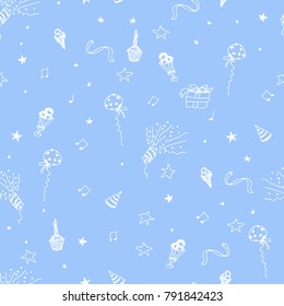 Cute background for kids fabric design made on cartoon style. Seamless blue vector pattern with white confetti, crackers, stars, cake, ice cream great for girl and boys