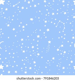 Cute background for kids fabric design made on cartoon style. Seamless blue vector pattern with white stars, moon great for girl and boys