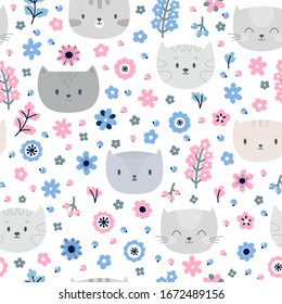 Cute background. Kids seamless pattern with cats. Funny animals on dark backdrop. Great for fabric and textile. Vector illustration