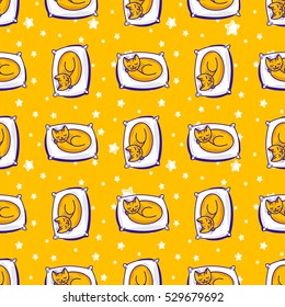 Cute background for kids - sleeping ginger car on white pillow, bright stars on clear sky. Seamless vector pattern for kids fashion fabric.