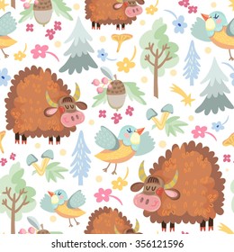 Cute background of lama, bird, yak, horse, flowers, butterflies and trees. Vector wallpaper in gentle colors. Seamless pattern can be used for wallpapers, pattern fills, surface textures.