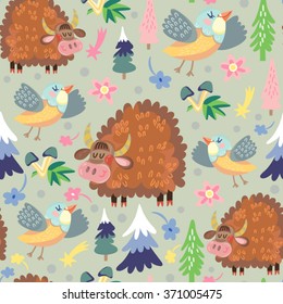 Cute background of lama, bird, yak, horse, flowers, butterflies and trees. Vector wallpaper in gentle colors. Seamless pattern can be used for wallpapers, pattern fills, surface textures.
