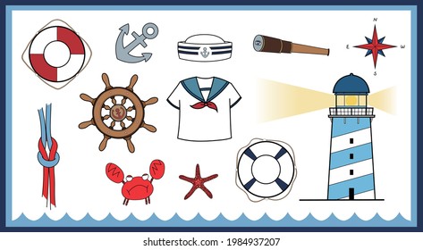 Cute background with lighthouse, anchor, steering wheel, crab,starfish,compass,Cute Marine pattern for fabric, baby clothes, background, textile, wrapping paper and other decoration.Vector illustratio