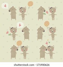 Cute background with loving bear and cat. Valentine card.