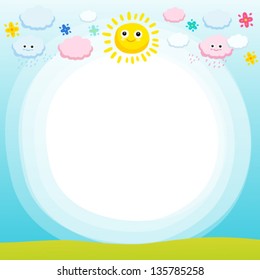 Cute background. Meadow with sun and clouds. Vector illustration.