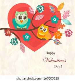 Cute background with owls sitting on branches  and  heart