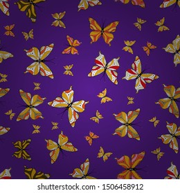 Cute background for paper, design of fabric, wrappers and wallpaper. Art butterflies on yellow, white and violet colors. Children butterfly seamless pattern. Vector.