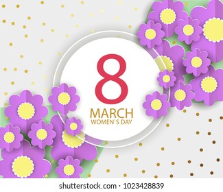 Cute background with paper flowers, greeting card, invitation. Happy Women's Day, March 8th. Vector EPS10