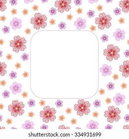 Cute background pattern border frame with many repeating different sized flowers isolated on the white (transparent) fond. Space for invitations or greeting cards text. Vector illustration eps 10
