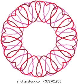 Cute background pattern circle border frame with many repeating hearts. Space for invitations or different events greeting cards text. St. Valentine`s holiday symbol illustration. Vector eps