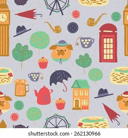Cute background pattern with different elements. Main theme: London city, tea, cupcakes, beer, fish & chips, rain and pug gentlemens.