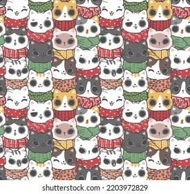 cute background pattern seamless doodle winter scarf kitten cat doodle cartoon clip art collection, illustration vector animal hand drawing