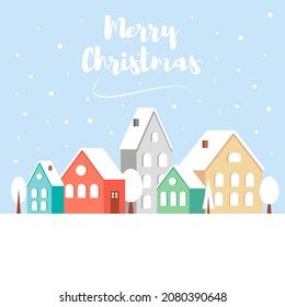 Cute background picture with houses, snowfall and letters. Vector illustration.