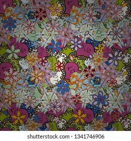 Cute background. Pink, blue and black on colors. Seamless pattern Nice fabric pattern. It can be used on wallpaper, wrapping boxes, mug prints, baby apparels etc. Doodles pattern. Vector illustration.