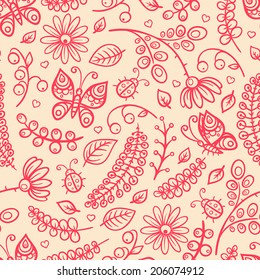 cute background with pink flowers leaves and butterflies on a beige background. vector illustration