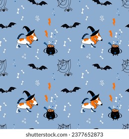 Cute background with puppy in a witch costume. Halloween seamless pattern. Magical dog pawty. Flat style hand drawn vector illustration.
