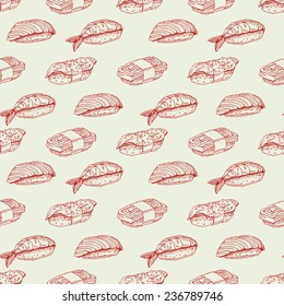 Cute background seamless background with delicious variety of sketch sushi