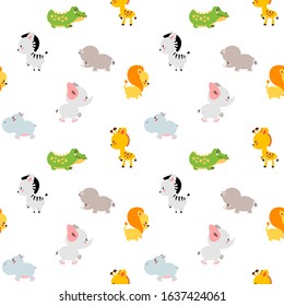 Cute background. Seamless pattern with cute african animals such as elephant, zebra, giraffe, hippo etc. on white background. Illustration in flat style. Vector 8 EPS.