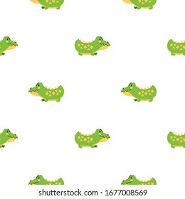 Cute background. Seamless pattern with funny crocodiles on white background. Illustration in flat style. Vector 8 EPS.