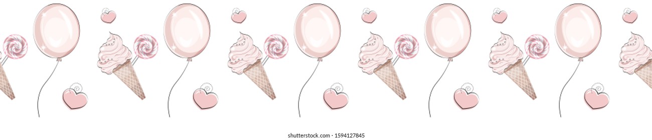 Cute background seamless pattern. ice cream. Lollipop, balloon, heart. Picture in hand drawing style, for t-shirt wear fashion print design, greeting card, postcard. baby shower. invitation. web site