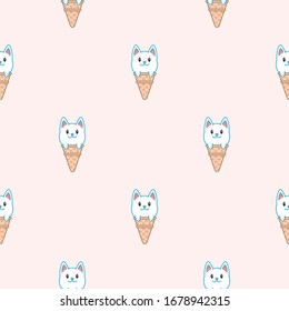 Cute background. Seamless pattern of ice-creams looks like kawaii kitten sitting in a waffle cone. Vector 8 EPS.