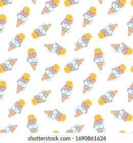 
Fondo bonito. El patrón sin soldadura de helados se parece a tres gatos gordos divertidos sentados en un cono de gofre. Vector 8 EPS.