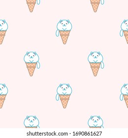 Cute background. Seamless pattern of ice-creams looks like funny fat cat sitting in a waffle cone. Vector 8 EPS.