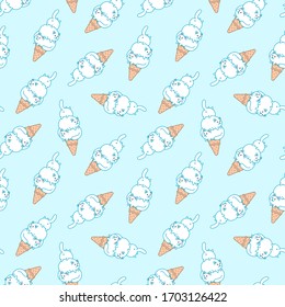 Cute background. Seamless pattern of ice-creams looks like three funny cats sitting in a waffle cone on a blue backround. Vector 8 EPS.