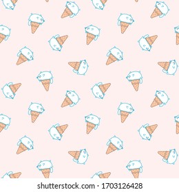 Cute background. Seamless pattern of ice-creams looks like lazy cat lying in a waffle cone on a pink background. Vector 8 EPS.