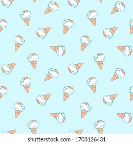 
Cute background. Seamless pattern of ice-creams looks like white cat lying in a waffle cone on a blue background. Vector 8 EPS.