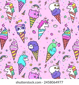 Cute background. Seamless pattern of ice-creams looks like three funny cats sitting in a waffle cone on a blue backround. Vector 8 EPS