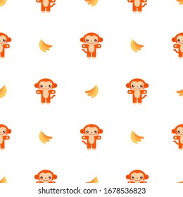 Cute background. Seamless pattern with little monkeys and bananas on a white background. Illustration in flat style. Vector 8 EPS.