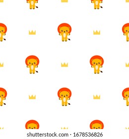 Cute background. Seamless pattern with little lions and crowns on a white background. Illustration in flat style. Vector 8 EPS.