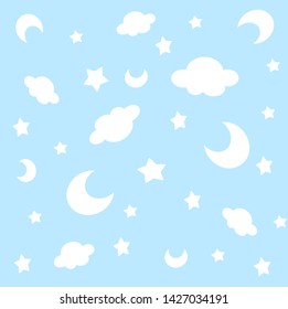 Cute background. Sky and star concept. There are white moon, star cloud on blue background.