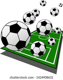 Cute background with soccer field and football balls.