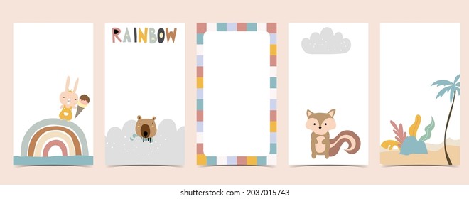 Cute background for social media.Set of story with rainbow,bear,tree