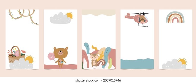 Cute background for social media.Set of story with rainbow,bear,tree