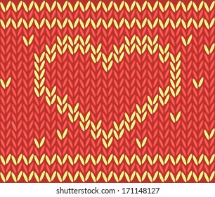 Cute background for St. Valentine's Day with knitted heart on red backdrop, vector