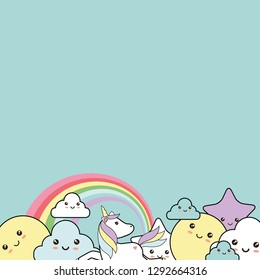 Cute background with sweet unicorn, stars, clouds and sun - kawaii style