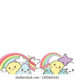 Cute background with sweet unicorn, stars, clouds and sun - kawaii style