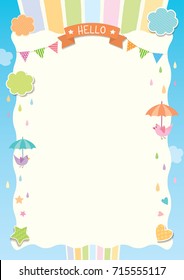 Cute background template design with rainbow cloud and birds on raining sky.