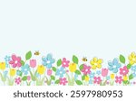  Cute background with tulips and other spring flowers on the light blue background. Springtime, gardening, greeting concept.