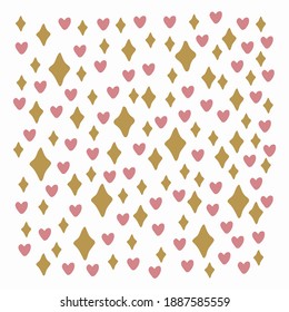 Cute Background With Twinkle And Hearts. Golden Star Lights And Pink Hearts. Cute Texture Background For Your Baby Textiles. Romantic Pattern. Vector Illustration